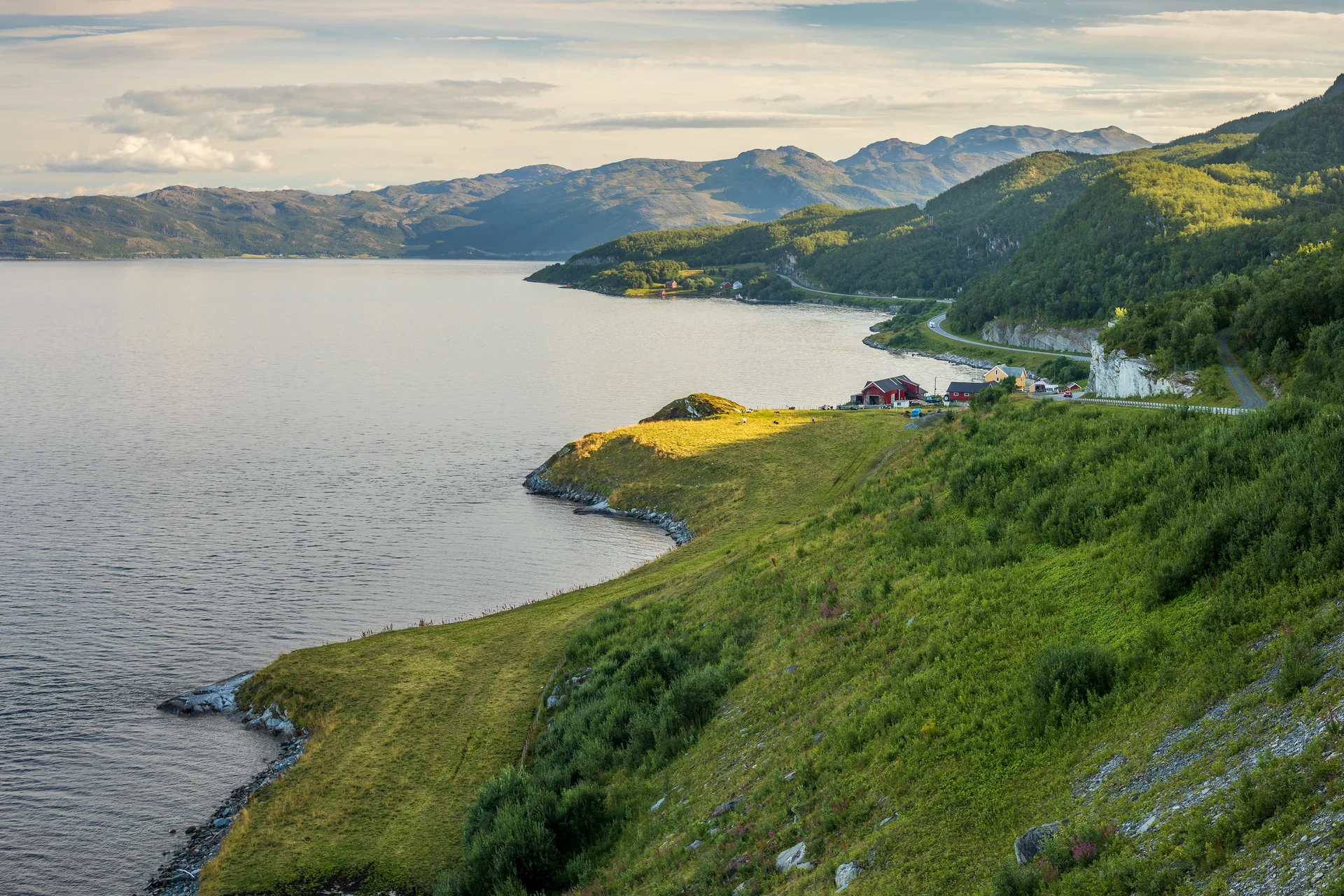 Altafjorden ved Hovdenes, med fjell og skog langs fjorden.