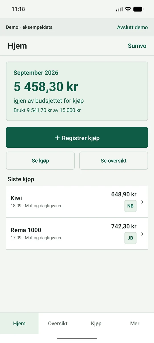 Sumvo: månedsbudsjett og siste kjøp, med eksempeldata fra appens demo.